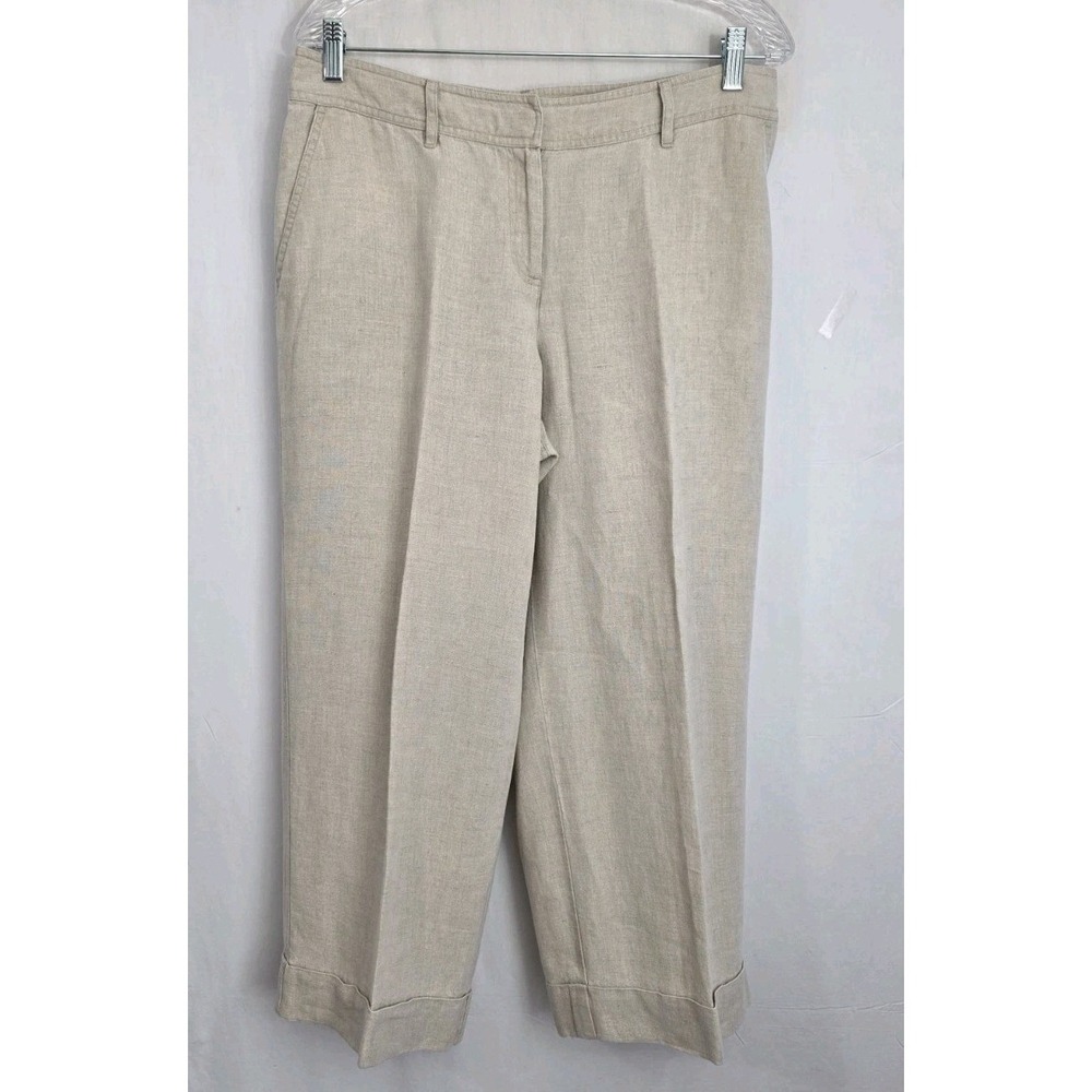 J Jill 100% Linen Sz.12 Career Pants Tan Cuffed 24" Inseam Preppy Coastal Money